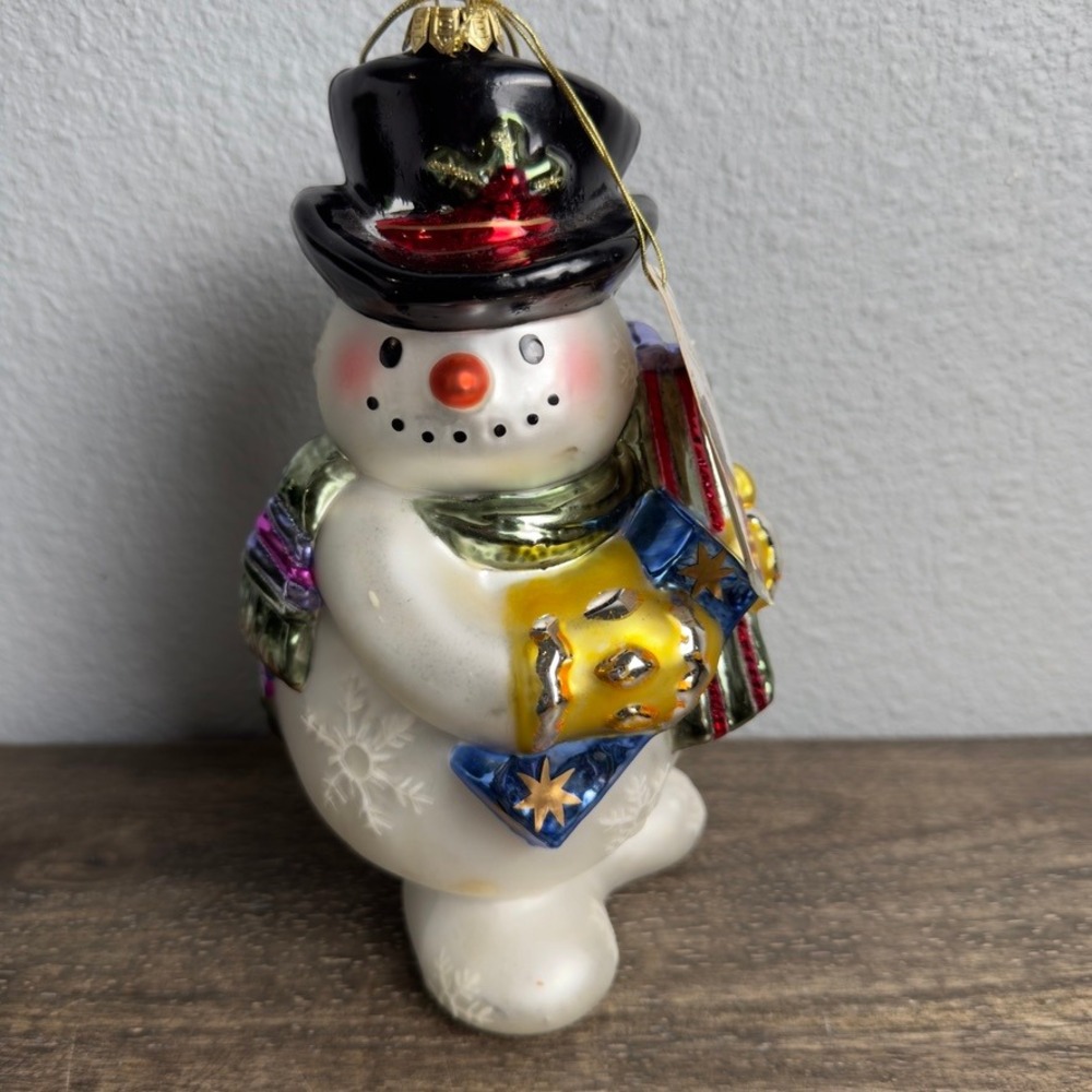 Vintage Fitz Floyd Frosty Folks Snowman Blown Glass Ornament 8.5" Tag Christmas